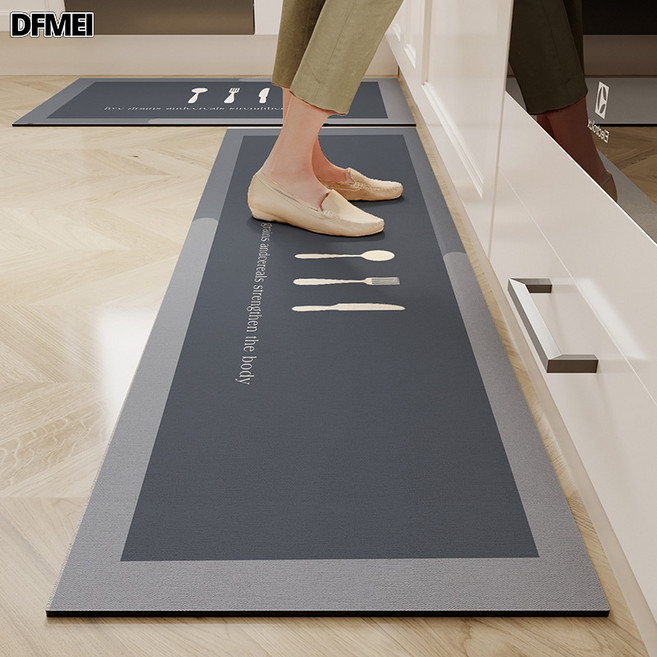DFMEI 簡約防滑廚房專用吸水耐髒易打理家用長條地墊, 1個, 素色簡餐藍灰色