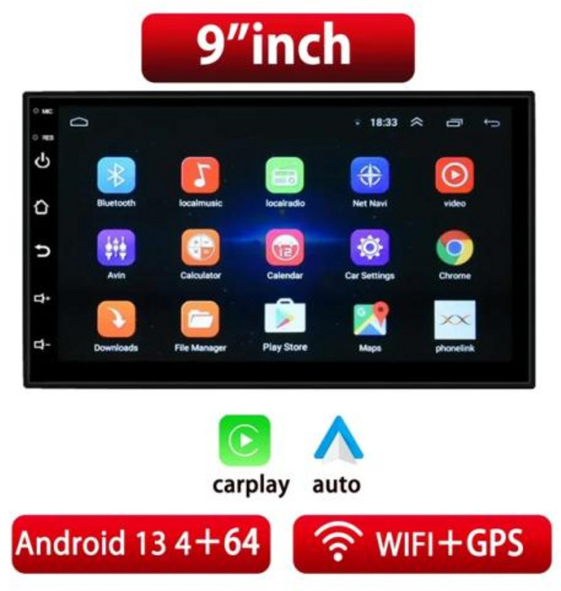 모니터 안드로이드 카플레이 ESSGOO 차량용 라디오 무선 GPS 네비게이터 MP5 플레이어 유리 화면 와이파이 FM BT 자동차 스테레오 2 Din 7 인치 9, 9 inch 4G 64G, 1개