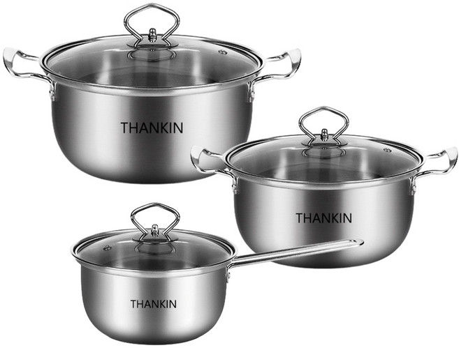 THANKIN 스테인리스 냄비 샤브샤브 3종 세트 냄비 세트, 1개, 18cm+20cm+25.5cm, 스테인리스강