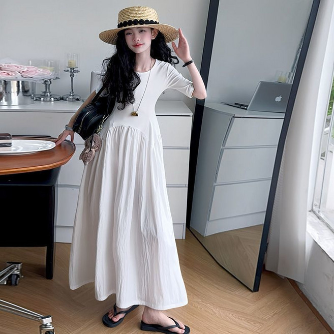 해피유통 청소년 여름 심플 블랙 원피스 클래식 허리 강조 디자인디자인14세 이상