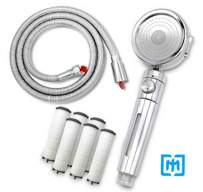 필터 샤워기 두개 세트 헤드 필터 6개 감김 방지 메탈 황동 1.5m 호스 샤워 목욕 화장실 찜질방 세척 정수 깨끗한 물, 1개