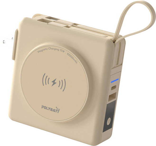 磁吸行動電源 22W多合一 10000mAh PD快充 自帶線 BSMI認證 奶茶色, POLYBATT 22W 多合一行動電源