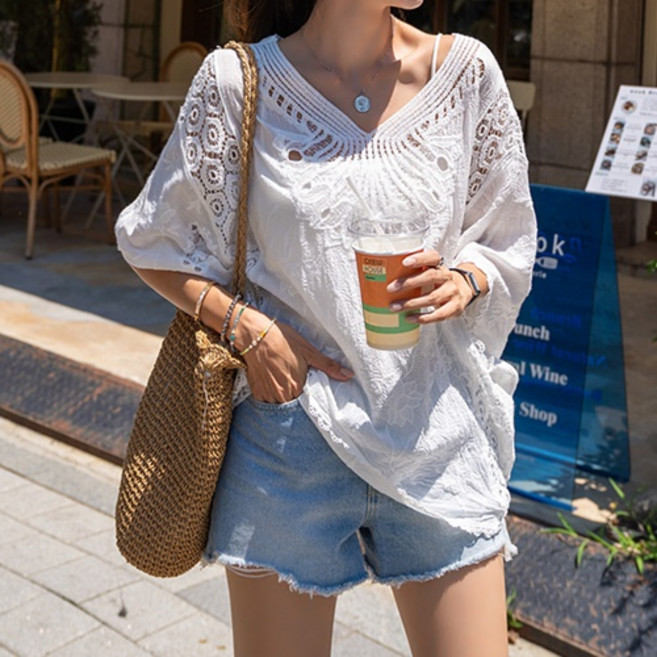 [나크21] (55~99) 플라워 자수 레이스 블라우스 NK42-T-68