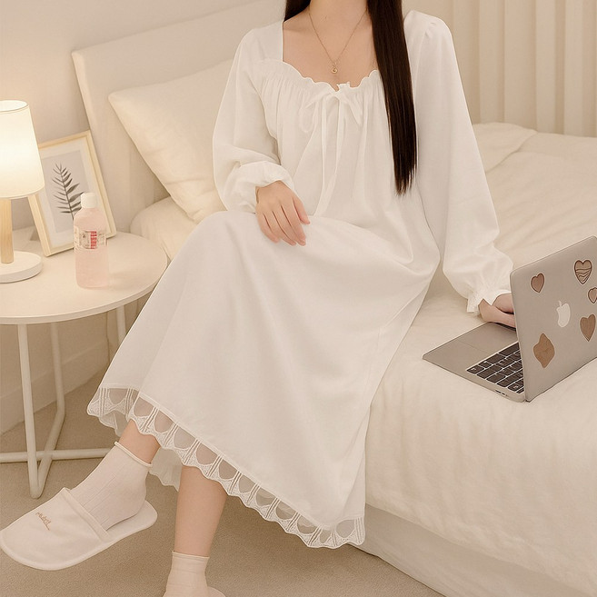 라뷰드 긴팔 레이스 공주 잠옷 원피스 여성 리본 장식 홈웨어 부드러운 프릴 드레스 가벼운 실내복 사계절 오버핏 파자마 루즈핏 롱원피스