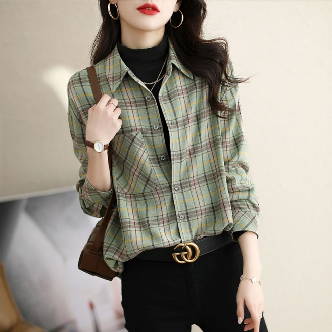 COSYEVNO 여성 체크 셔츠 가을 루즈핏 브이넥 패션 캐주얼 빈티지 긴팔 상의 lyjnscs07