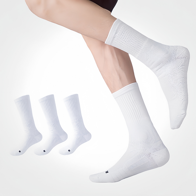 남성용 스포츠 무지 중목 양말 3켤례, 흰색, 3개