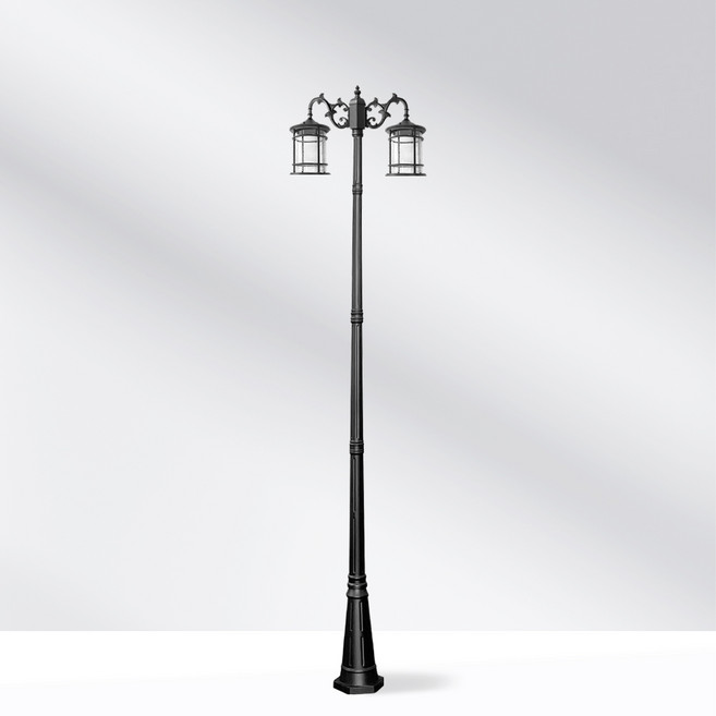 나눔조명 전기 가로등 원형 문주등 LED 잔디등 보안등 볼라드등 열주등 공원 도로 경관 조명등, 전기 2등 꽃가지 (하향) 갓실린더등, 총 높이 3.2M (기둥 2.9M) [검정]