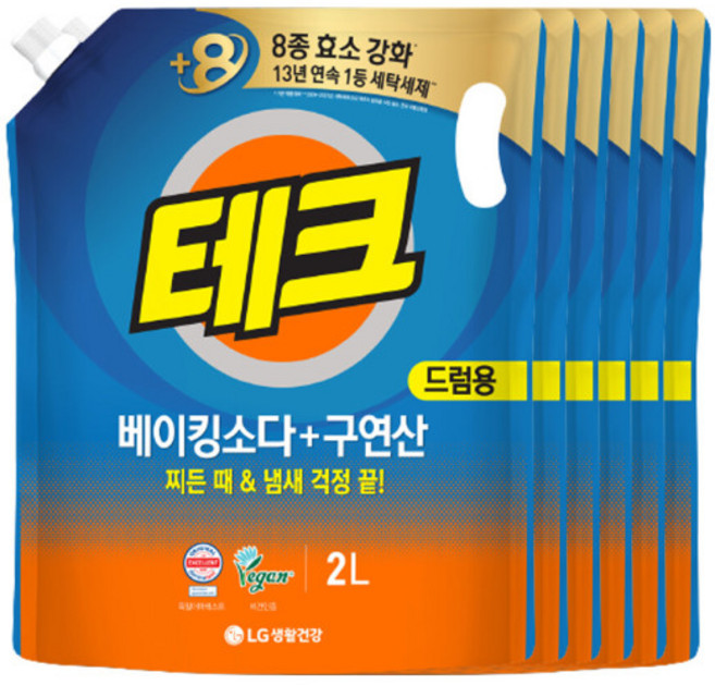 LG생활건강 테크 베이킹 구연산 액체세제 리필 드럼 2Lx6개