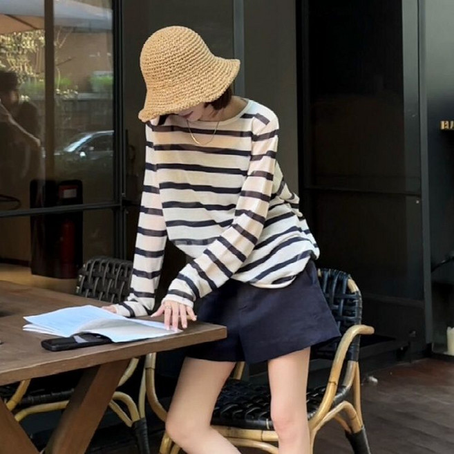여성 여름 얇은 긴팔티 캐주얼 스트라이프 긴팔 티셔츠 루즈핏 면 티 상의 JS