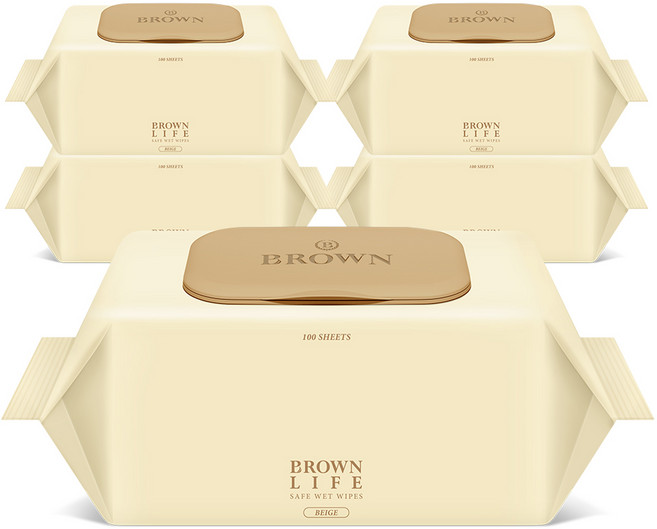 브라운 라이프 물티슈 100매 5팩 도톰한 아기 물티슈 두꺼운 엠보싱 유아 물티슈 대용량 캡형, 50g, 5개
