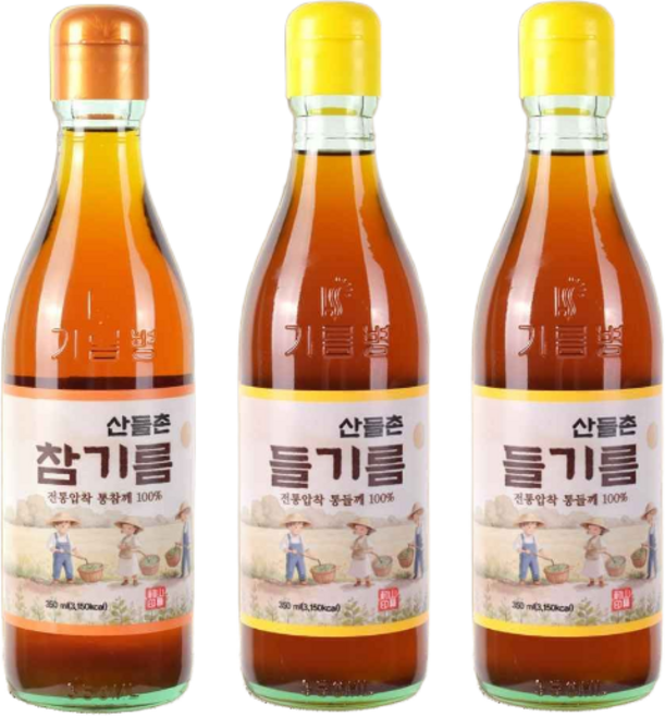 전통압착 산들촌 참기름1+들기름2, 3개, 350ml