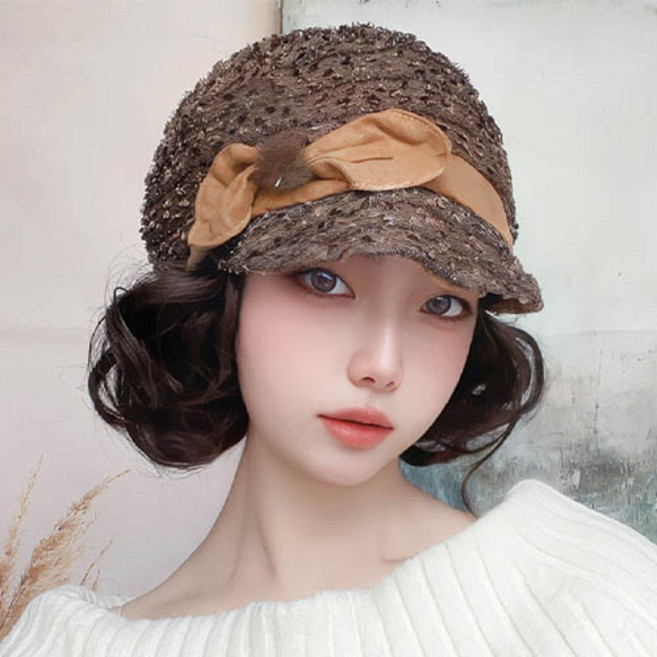 중년 여성 단발 항암 트위드 벙거지 웨이브 리본 모자가발 H352, 1개, 브라운