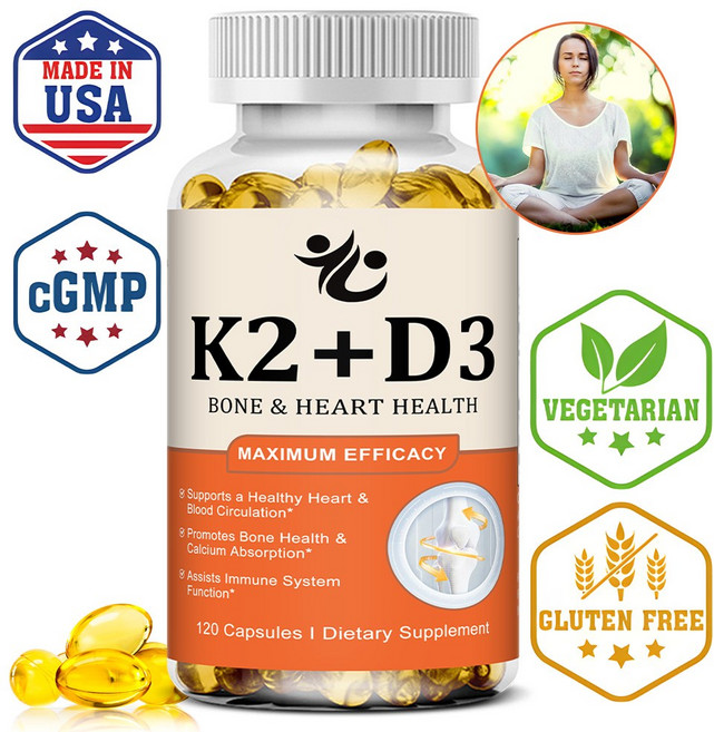 D3 + K2 비타민 식이보충제 - 뼈와 심장 건강 지원 - 비타민 K2 100mg 과 비타민 D3 5000IU - 120캡슐, 1개, 60회분