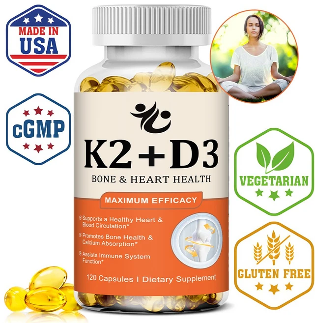 D3 + K2 비타민 식이보충제 - 뼈와 심장 건강 지원 - 비타민 K2 100mg 과 비타민 D3 5000IU - 120캡슐, 3개, 60회분 - 쿠팡