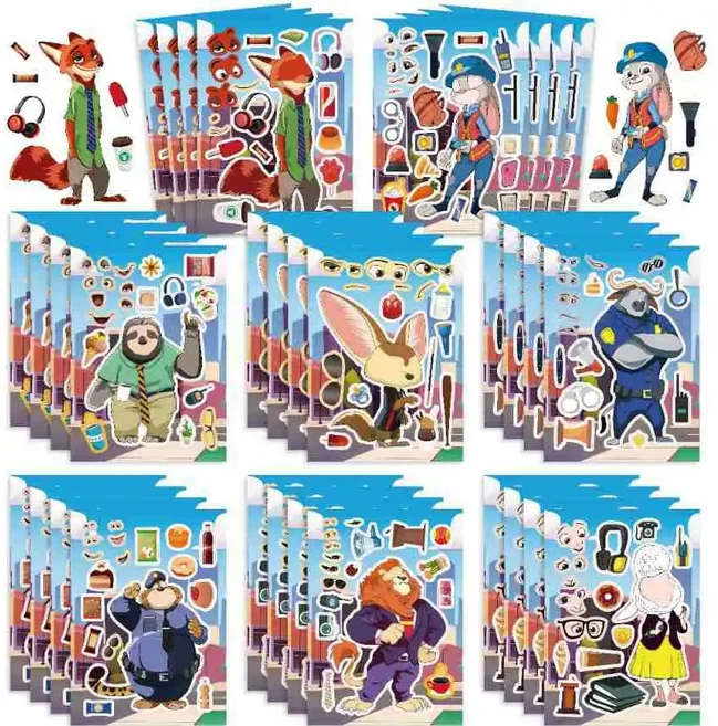 주토피아 닉과 주디 파티 장식 일회용 식기 세트 테이블보 배너 케이크 토퍼 풍선 생일 용품, 25 8pcs Stickers