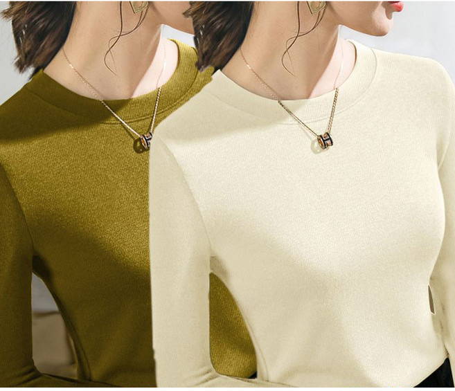 1+1 여성 가을 겨울 기모 풀오버 상의 캐주얼 여성 도톰 라운드넥 긴팔티 추동 여자 슬림 배색 이너 티셔츠 YJW