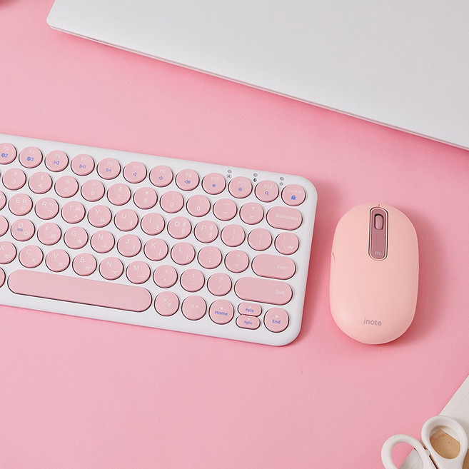아이노트 38340 무소음 무선 블루투스 키보드 마우스 세트 아이패드 맥북 아이폰 태블릿 핸드폰 3대까지 멀티페어링, 핑크화이트, 핑크
