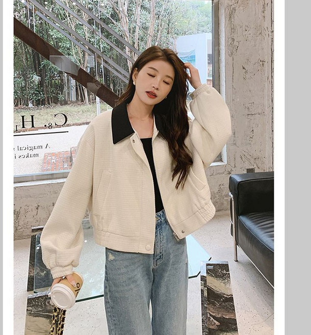 AOKADA 여성 카라넥 오버핏 자켓 피치워크 지퍼 일상 디건