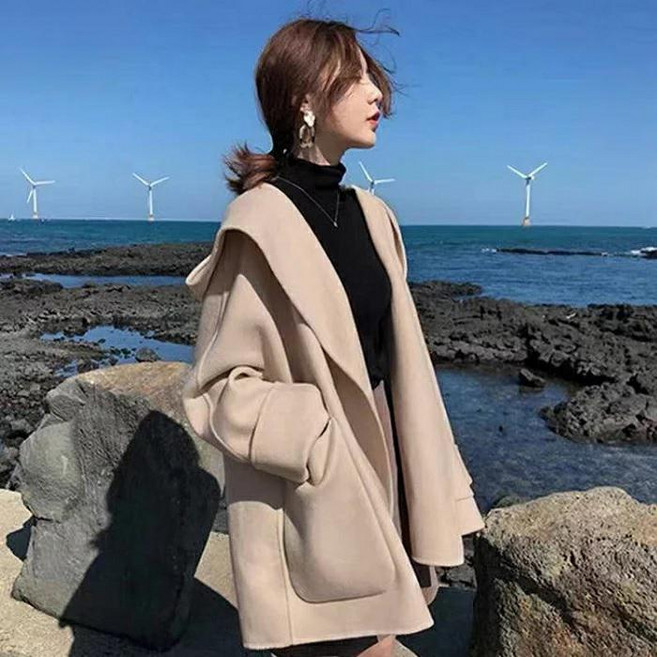 shiny藍格子 連帽毛呢外套