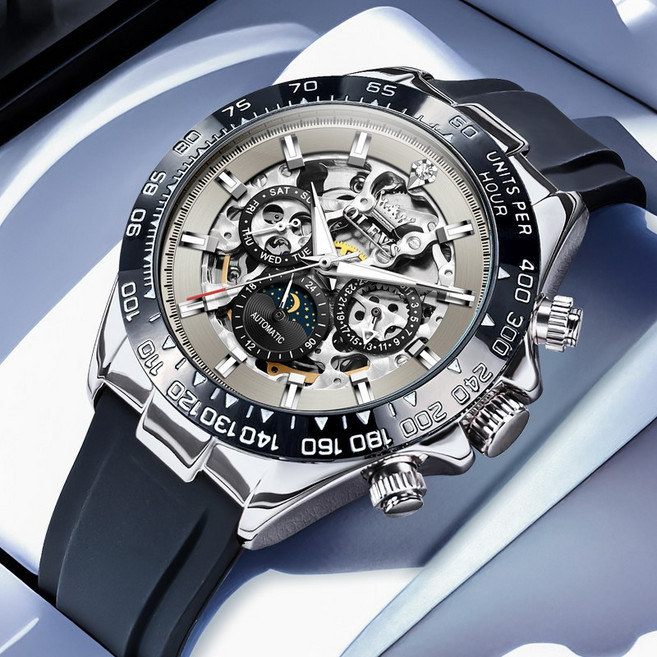 OLEVS 남성 시계 정품 자동 기계식 오토매틱 럭셔리 명품 워터프루프 야광 투조 실리카겔 남성시계