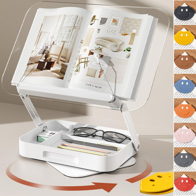 엠티링크 2IN1 수납형 다기능 독서대 아크릴 투명 멀티 거치대 높이조절 접이식 360도 회전 북스탠드 다용도 휴대용, 투명-화이트