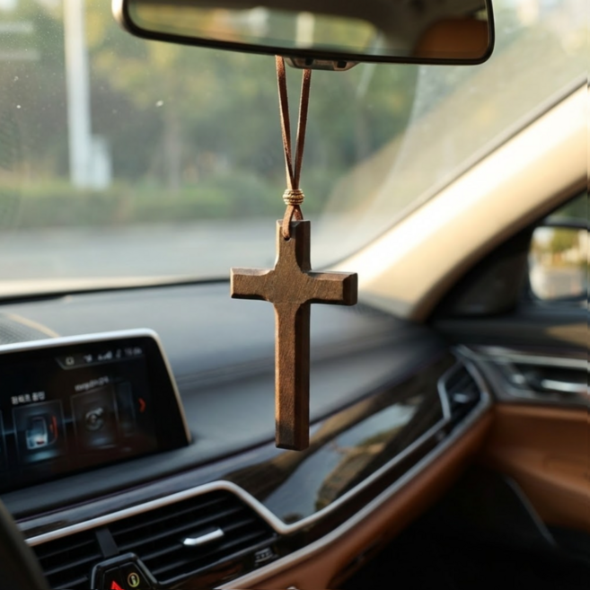 더벨류 원목감성 안전운전 차량걸이 십자가, 1개, 브라운