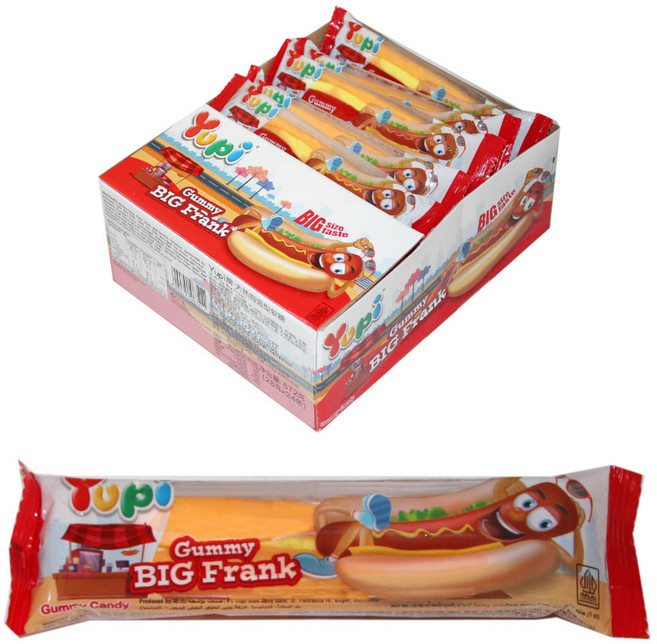 유피 핫도그젤리(24개한통) 빅플랭크젤리 프랑크젤리 햄버거젤리 버거젤리 제리 팔찌캔디 팔찌사탕 스프레이캔디 초콜릿 초코렛 달고나 아폴로 옛날과자 불량식품, 32g, 24개