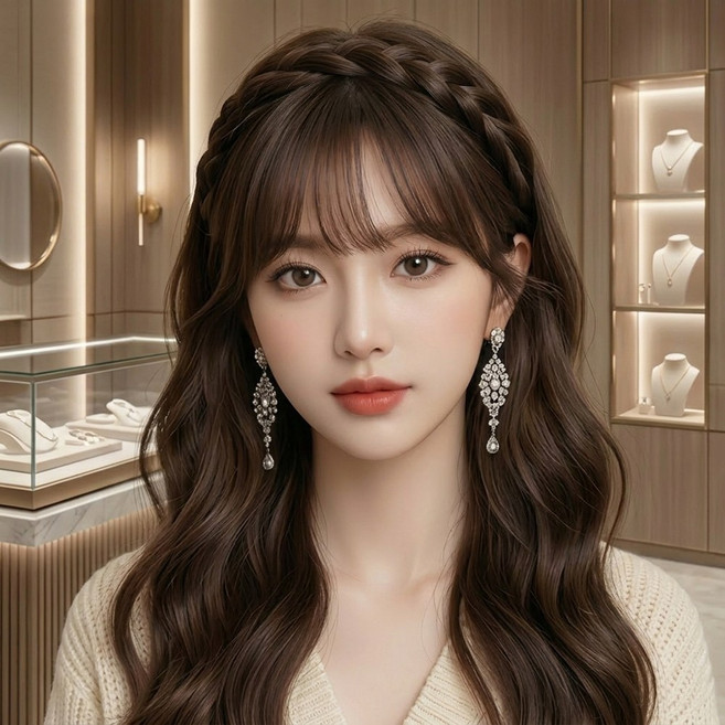 소소한일상상회 자연스러운 앞머리 뱅 땋은 가발 머리띠, 1개, 블랙 브라운