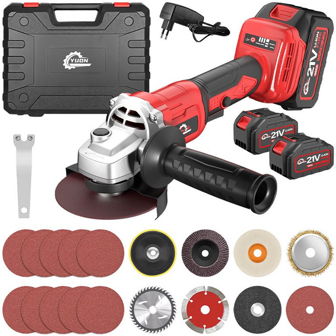 YUON 독일 21V 무선 충전식 전동 브러시리스 그라인더 절단 절삭 연마 (3 가지 모드 조절), 배터리2개 풀세트, 1개