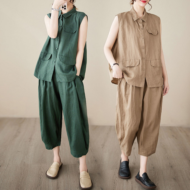 여성 린넨 조끼 와이드 배기팬츠 세트 여름 루즈핏 상하복 투피스 캐주얼 데일리룩 여자세트복
