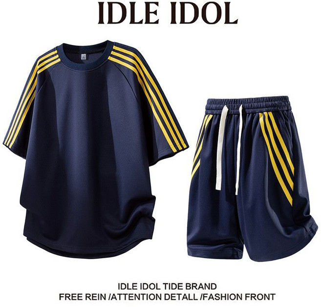 【IDLE IDOL】男士夏季條紋寬松透氣短袖運動休閒兩件套, 1個, 藏青【兩件裝】2XL【建議150-170斤】