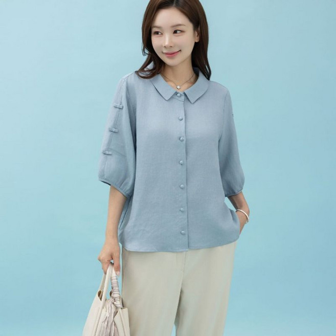 [디얼마미] 리본 장식 린넨 블라우스 마담 미시 중년 여성 빅사이즈 40대 50대