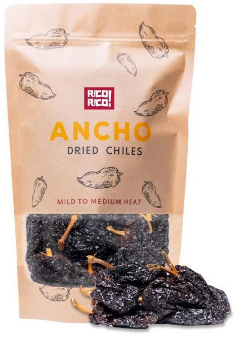 말린 건조 Ole Rico 리코 칠레 프리미엄 칠리 비리아 소스 멕시코 몰레 엔칠라다 살사 포졸레에 적합 순한 중간 매운맛 달콤하고 훈제 향 100% 페퍼 리사이클 가능한, Ancho, 1개
