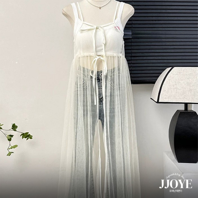 쪼예 레이어드템 시스루 망사 리본 뷔스티에 끈 나시 롱 원피스