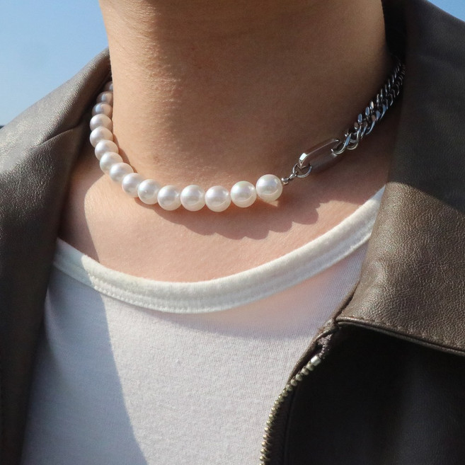 남자 진주 목걸이 초커 써지컬스틸 Chain Pearl