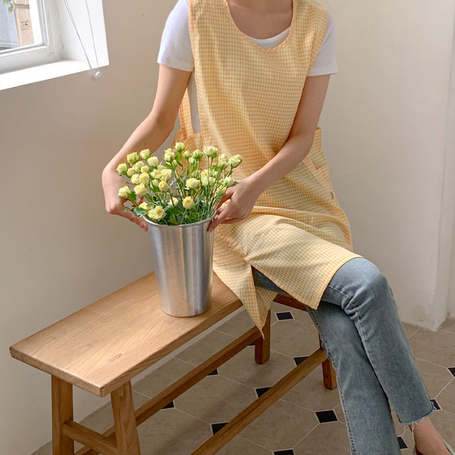 파티굿즈 체크 앞치마 빅사이즈 유치원 어린이집 교사, 옐로우L, 1개