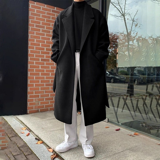 Skyciky 남성용 도톰한 무릎 아래 롱 루즈핏 울 바람막이 코트 DD884