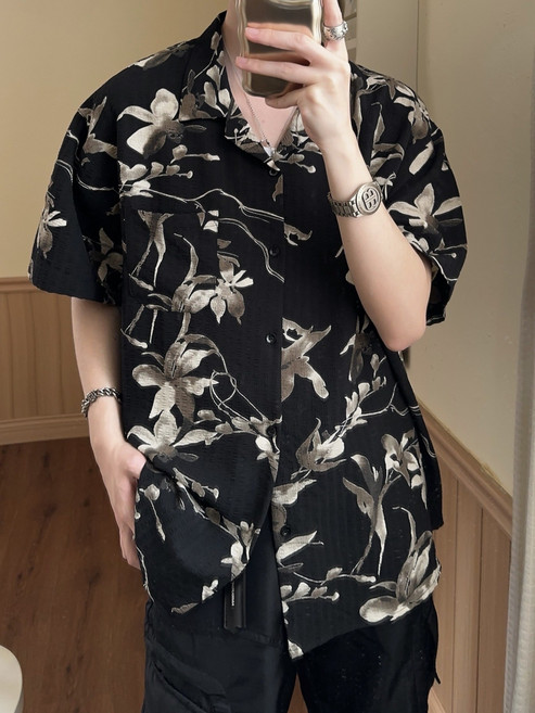 夏季垂感薄款扎染短袖襯衫男夏復古襯衣寬鬆港風上衣