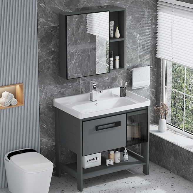 YAPOGI 스탠딩형 욕실 캐비닛 일체형 세라믹 세면대, 회색