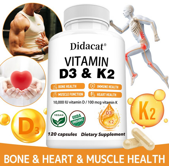 D3 및 K2 비타민 - D3K2 보충제 - 10 000 IU 비타민 D 및 100 mcg 비타민 K로 심장 뼈 근육 면역 및 관절 건강을 지원합니다., 1박스, 120정