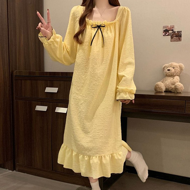 TKX 여성용 롱슬리브 파자마 드레스 가을 겨울 스퀘어넥 매듭 장식 여유핏 여성스러운 디자인 롱원피스 잠옷 KS39