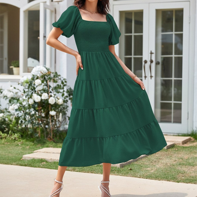 UPPERCUT 여성 스퀘어넥 스모크 밴딩 퍼프 소매 캉캉 롱 원피스