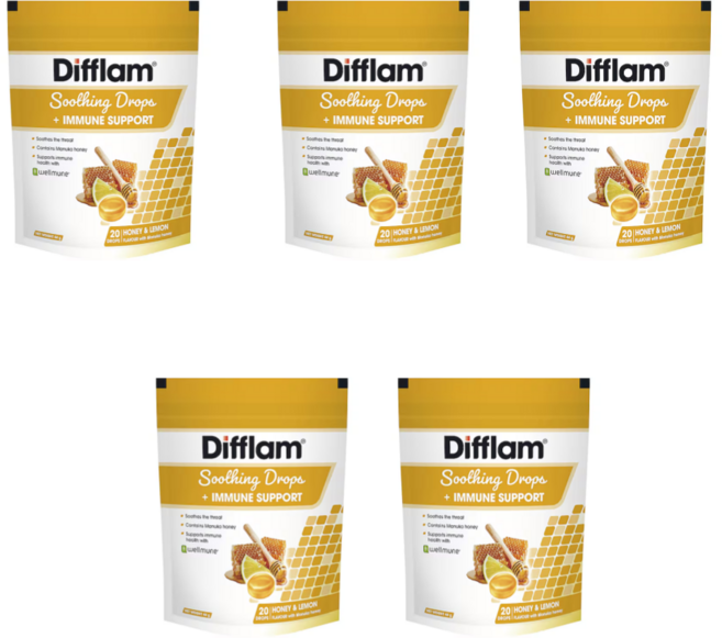 호주 디플램 수딩 목캔디 허니 레몬 Difflam Soothing Drops Immune Support Honey & Lemon, 5개, 44g