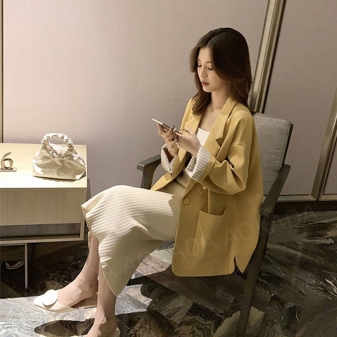 AOKADA 여성 봄 가을 루즈핏 세미 정장 자켓 옆트임 롤업소매 스트라이프 블레이져