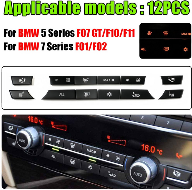 A/C 히터 버튼 11/12/14pcs 키캡 수리 키트 스위치 커버 BMW 5/6/7 시리즈 F01 F02 F06 F07 F10 F11 F12 F13 GT용, 12 PCS