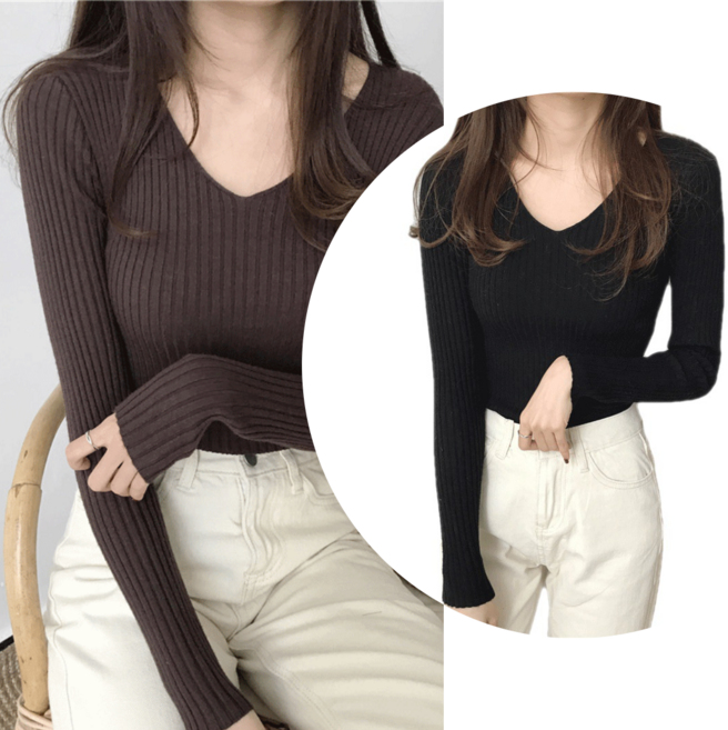 에쉬울프 브이넥 골지 긴팔 니트 2종 세트 FREE(44-66반까지)