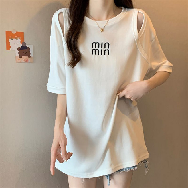 lofei 여성 여름 루즈핏 레터링 롱 반팔 티셔츠 TX40