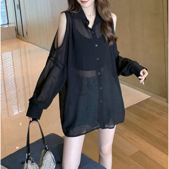 쪼예 섹시 오프숄더 시스루 긴팔 셔츠 블라우스
