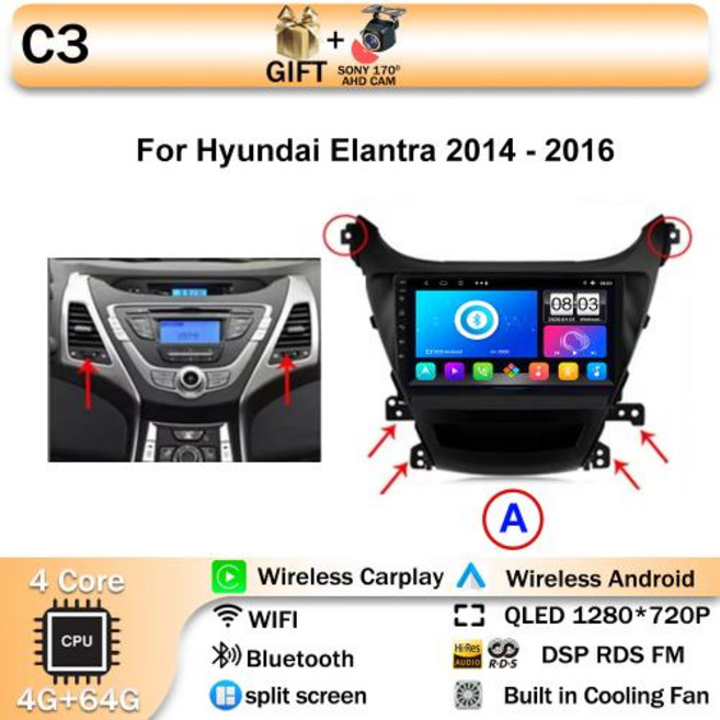 현대 엘란트라 아반떼 MD i35 2011-2016용 안드로이드 15 카플레이 올인원 카 라디오 멀티미디어 8코어 IPS QLED 네비게이션 GPS, 3)A 4-64 AHD CAM