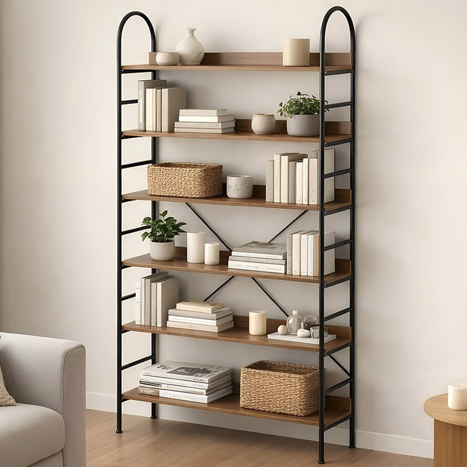 소프트엣지 조립식 거실 철제 책장선반, 6단, 월넛 블랙